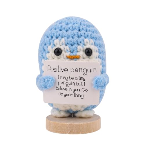 TOYMIS Lustiger Positiver Pinguin, Gestrickter Pinguin Blauer Unterstützungspinguin Handgemachter Pinguin Gestricktes Spielzeug Puppe Ornament Positiver Karte Ständer für Geschenk Party Dekoration von TOYMIS