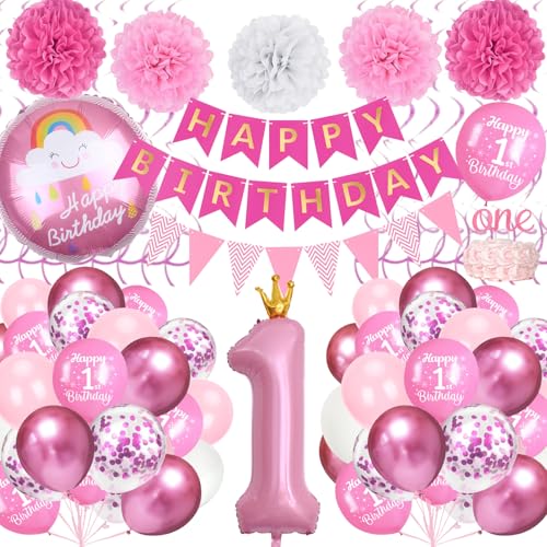 Deko 1. Geburtstag Mädchen, Rosa Erster Geburtstag Deko mit Rosa Folienballon Zahl 1, Happy Birthday Banner, Happy Birthday Folienballon, Papierpompons, Pastell Ballons für 1 Jahr Geburtstag Mädchen von TOYTOPIE