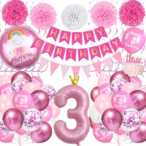 Deko 3. Geburtstag Mädchen, Rosa 3 Geburtstag Deko mit Rosa Folienballon Zahl 3, Happy Birthday Banner, Happy Birthday Folienballon, Papierpompons, Pastell Ballons für 3 Jahr Geburtstag Mädchen von TOYTOPIE