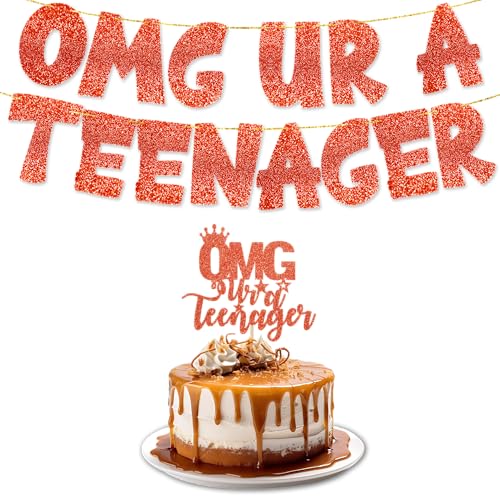 OMG UR A Teenager Banner mit Tortendeko | Geburtstagsfeierdekorationen | Rote Kuchendekoration und Geburtstagsbanner für Teenager | Partyzubehör für Mädchen u von TOYVENTURES