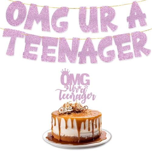 Teenager Glitter Rose Pink OMG UR A TEENAGER Banner mit Tortenaufsatz | Happy Birthday Party Dekorationen | Rose Pink Cake Topper & Geburtstagsbanner für Teenager | Partyzubehör für Mädchen & Jungen von TOYVENTURES