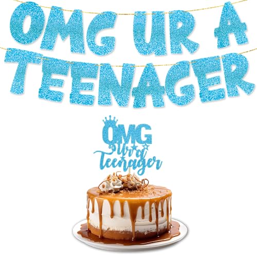 Teenager Glitzer Blau OMG UR A TEENAGER Banner mit Tortenaufsatz | Happy Birthday Party Dekorationen | Blauer Tortenaufsatz & Geburtstagsbanner für Teenager | Partyzubehör für Mädchen & Jungen von TOYVENTURES