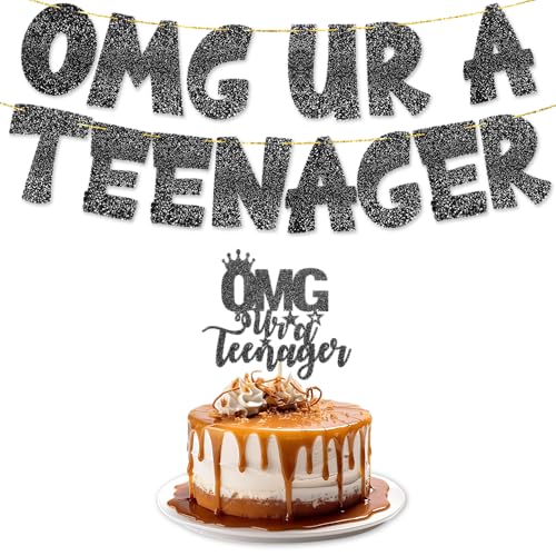 Teenager Glitzer Schwarz OMG UR A TEENAGER Banner mit Tortenaufsatz | Happy Birthday Party Dekorationen | Schwarzer Tortenaufsatz & Geburtstagsbanner für Teenager | Partyzubehör für Mädchen & Jungen von TOYVENTURES