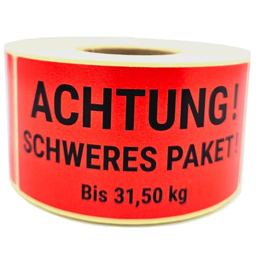 4x Rollen TPS247 Warnetiketten Versandaufkleber (Achtung schweres Paket bis 31,50 kg) auf Rolle, Etikettgröße 100x50mm, Menge 500 Stück/Rolle, selbstklebend, permanent haftend, Premium von TPS247