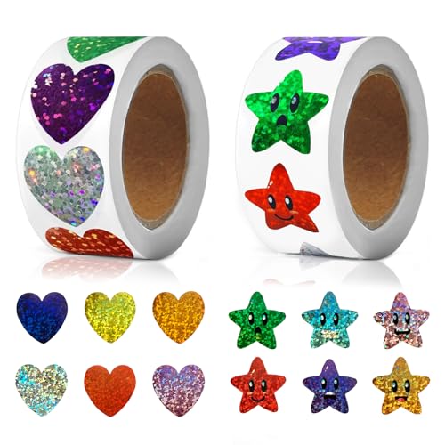 TPTGIAR 1000 Stück Glitzer Sticker Sterne, Selbstklebend Aufkleber Sterne, Star Smiley Aufkleber für DIY, 2 Rolle Runde Liebe Sticker Schule für Scrapbooking Karten Fotoalbum Dekoration von TPTGIAR