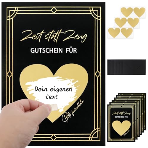 TPTGIAR 6 Sets Gutscheine zum Selber Ausfüllen, Zeit Statt Zeug Rubbelkarten mit Rubbelaufklebern und Umschlägen, Personalisierte Geschenkidee für Gemeinsame Zeit, Gutschein Karte Schwarz-gold von TPTGIAR