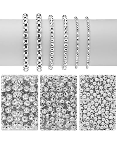 TPZORJX 1200 Stück Silber Perlen - Bastelperlen Metallperlen,Perlen Kleine Abstandsperlen 4/6/8 mm Glatte Runde Perlen Lose Spacer für DIY Handwerk Armbänder Halskette Ohrringherstellung(Silber) von TPZORJX