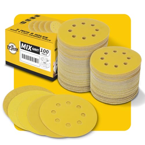 100 Stück 125mm 8 Loch Schleifscheiben - Premium Gold Rund Klett Schleifpapier für Exzenterschleifer - 60, 80, 120, 220, 320 Körnung Mischset von TPmax