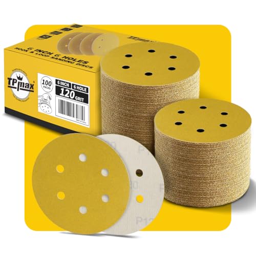 100 Stück 150mm 6 Loch Schleifscheiben 120 Körnung - Premium Gold Rund Klett Schleifpapier für Exzenterschleifer - Ideal für Holz, Metall, Automobil von TPmax