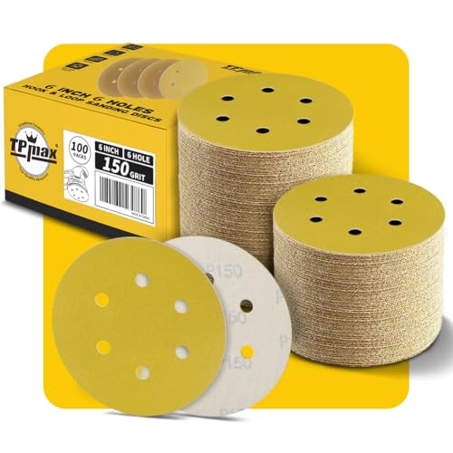 100 Stück 150mm 6 Loch Schleifscheiben 150 Körnung - Premium Gold Rund Klett Schleifpapier für Exzenterschleifer - Ideal für Holz, Metall, Automobil von TPmax