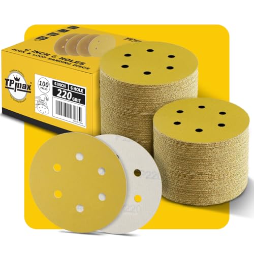 100 Stück 150mm 6 Loch Schleifscheiben 220 Körnung - Premium Gold Rund Klett Schleifpapier für Exzenterschleifer - Ideal für Holz, Metall, Automobil von TPmax