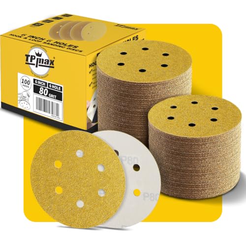 100 Stück 150mm 6 Loch Schleifscheiben 80 Körnung - Premium Gold Rund Klett Schleifpapier für Exzenterschleifer - Ideal für Holz, Metall, Automobil von TPmax