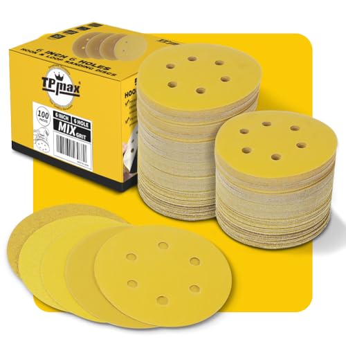 100 Stück 150mm 6 Loch Schleifscheiben - Premium Gold Rund Klett Schleifpapier für Exzenterschleifer - 60, 80, 120, 220, 320 Körnung Mischset von TPmax