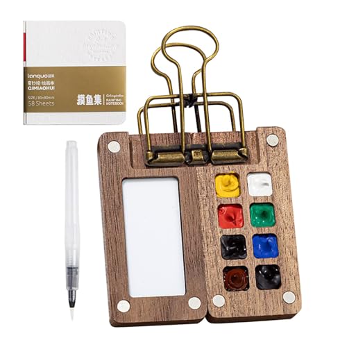 Mi-ni Reise-Aquarellpalette mit 8 Fächern, M-ini tragbares Aquarell-Paletten-Set, Taschenpalette, Farbtablett, Holzreiseset, Taschenkünstler, Aquarell-Reise-Set von TQEBWUS