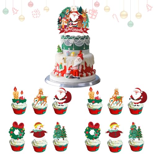 TQPXZO Weihnachten Torten Deko, Weihnachts-Cupcake-Aufsätze mit Bastel-Weihnachtsbaum, Mini-Weihnachtsmann, Schlitten, Rentier, Schneemann-Kuchendekoration Party Dekoration von TQPXZO