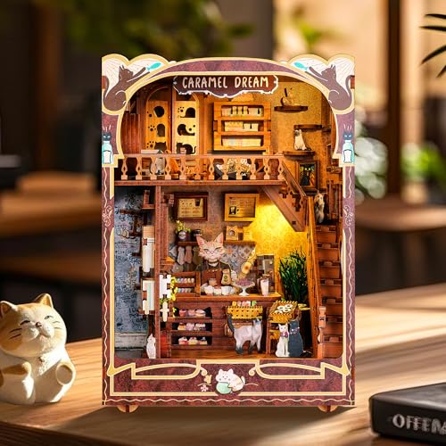 3D-Holzpuzzle-Buchecken-Set, Fantasy Store-Bücherregaleinsatz mit LED-Leuchten, zauberhaftes DIY-Miniatur-Buchstützen-Dekor zur Ausstellung, Bastelgeschenk for Erwachsene und Jugendliche(Caramel Dream von TQVLNMCR