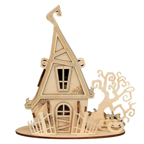 TQVLNMCR 3D-Holzpuzzle-Halloween-Haus-Bausätze, Halloween-Zombie-Haus, kreative DIY-Handarbeits-Holzbausätze, perfekte Dekoration(Halloween Witch House) von TQVLNMCR