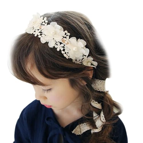 TQVLNMCR Baby Mädchen Verstellbares Chiffon Spitzenband Stirnband mit Blumen Perlen Haarband Haarschmuck Haarschleife Band Kopfschmuck Kopfbedeckung(B) von TQVLNMCR