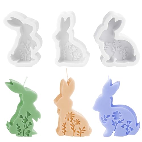 3PCS Silikonformen Osterhasen TREABEAR, Silikonformen Gießformen Osterhase Mit Blumentextur, Silikonform Frühling Hase, Kerzen Formen Silikon Hasen, Gießformen Silikon Osterhasen Für Kerzenherstellung von TREABEAR