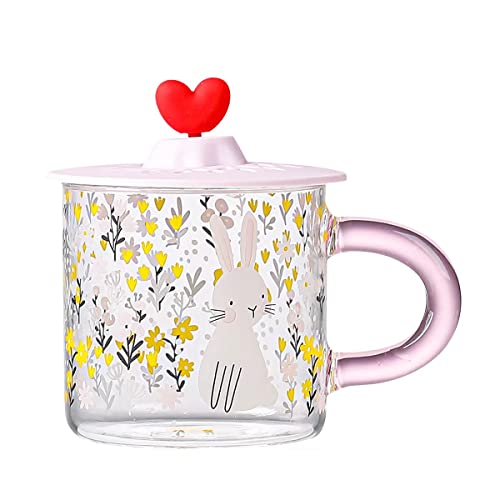 Große klare Glas-Tasse mit Deckel, ästhetische Hasen- und Blumenbecher, fasst 500 ml, für Weihnachten, Geburtstag, für große Tee- und Kaffeeliebhaber, zur Heimdekoration von TREEWOO