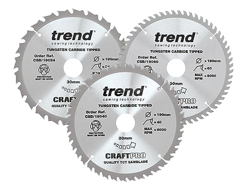 Trend Holz Kreissägeblatts, 3er-Pack, 190mm Durchmesser, 30mm Bohrung, 24, 40 & 60 Zähne, HW, 2,6mm Schnittbreite, +15° Haken, CSB/190/3PK von TREND