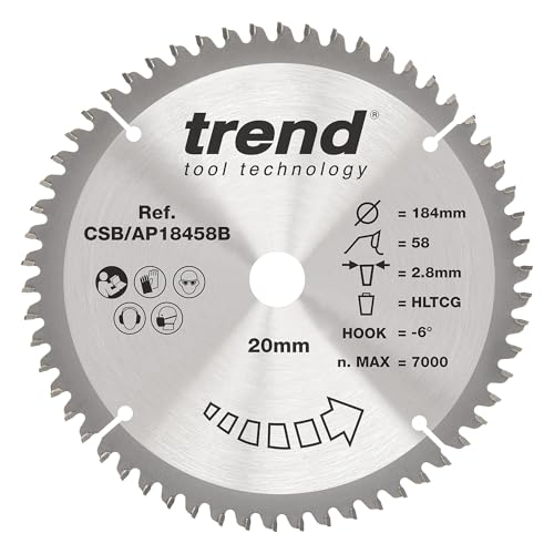 Trend Kreissägeblatt aus Aluminium und Kunststoff, 184 mm Durchmesser, 20 mm Bohrung, 58 Zähne, 2,8 mm Schnittfuge, -6° Haken, TCT, extrafeine Oberfläche, CSB/AP18458B von TREND