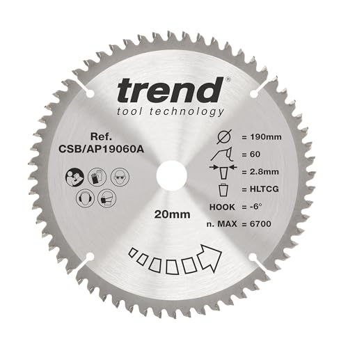 Trend Kreissägeblatt aus Aluminium und Kunststoff, 190 mm Durchmesser, 20 mm Bohrung, 60 Zähne, 2,8 mm Schnittfuge, -6° Haken, TCT, extrafeine Oberfläche, CSB/AP19060A von TREND