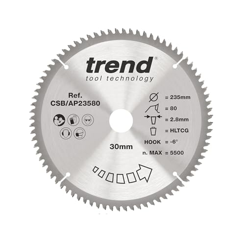 Trend Kreissägeblatt aus Aluminium und Kunststoff, 235 mm Durchmesser, 30 mm Bohrung, 80 Zähne, 2,8 mm Schnittfuge, -6° Haken, TCT, extrafeine Oberfläche, CSB/AP23580 von TREND