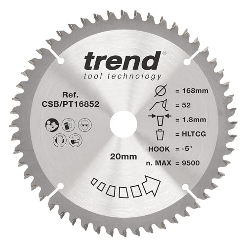 Trend Laminat- und HPL-Kreissägeblatt, 168 mm Durchmesser, 20 mm Bohrung, 52 Zähne, 1,8 mm Schnittfuge, -5° Haken, TCT, superfeine Oberfläche, CSB/PT16852 von TREND