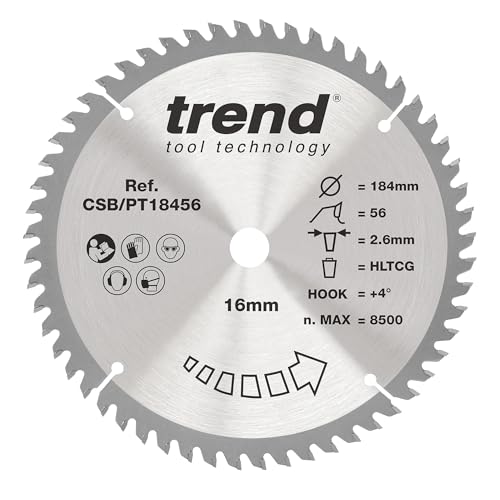 Trend Laminat- und HPL-Kreissägeblatt, 184 mm Durchmesser, 16 mm Bohrung, 56 Zähne, 2,6 mm Schnittfuge, +4° Haken, TCT, superfeine Oberfläche, CSB/PT18456 von TREND