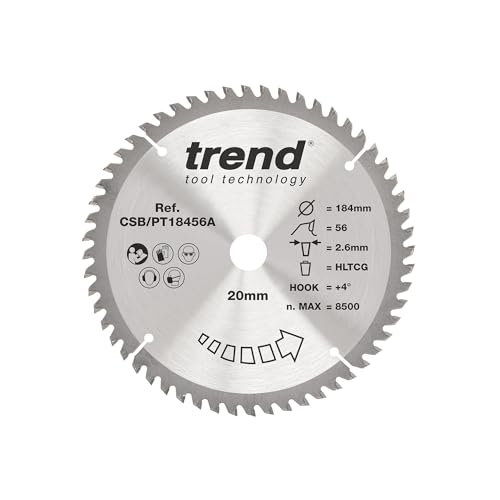 Trend Laminat- und HPL-Kreissägeblatt, 184 mm Durchmesser, 20 mm Bohrung, 56 Zähne, 2,6 mm Schnittfuge, +4° Haken, TCT, superfeine Oberfläche, CSB/PT18456A von TREND