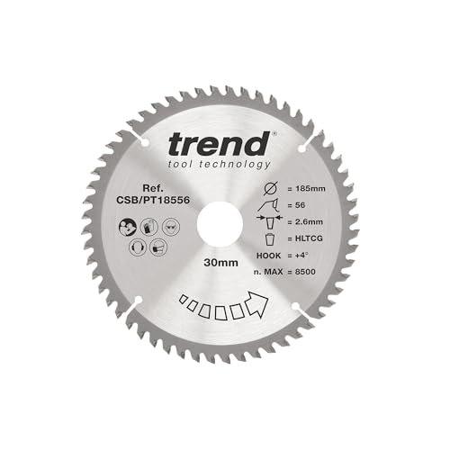 Trend Laminat- und HPL-Kreissägeblatt, 185 mm Durchmesser, 30 mm Bohrung, 56 Zähne, 2,6 mm Schnittfuge, +4° Haken, TCT, superfeine Oberfläche, CSB/PT18556 von TREND