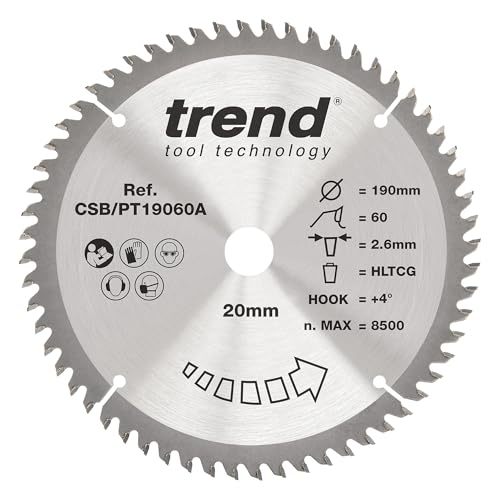 Trend Laminat- und HPL-Kreissägeblatt, 190 mm Durchmesser, 20 mm Bohrung, 60 Zähne, 2,6 mm Schnittfuge, +4° Haken, TCT, superfeine Oberfläche, CSB/PT19060A von TREND