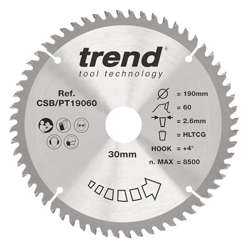 Trend Laminat- und HPL-Kreissägeblatt, 190 mm Durchmesser, 30 mm Bohrung, 60 Zähne, 2,6 mm Schnittfuge, +4° Haken, TCT, superfeine Oberfläche, CSB/PT19060 von TREND