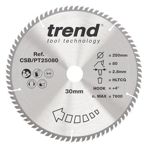 Trend Laminat- und HPL-Kreissägeblatt, 250 mm Durchmesser, 30 mm Bohrung, 80 Zähne, 2,8 mm Schnittfuge, +4° Haken, TCT, superfeine Oberfläche, CSB/PT25080 von TREND