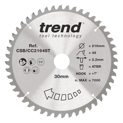 Trend Wood Akku-ATBR-Gehrungssägeblatt, 216 mm Durchmesser, 30 mm Bohrung, 48 Zähne, 2,2 mm Schnittfuge, +7° Haken, TCT, feine Oberfläche, CSB/CC21648T von TREND