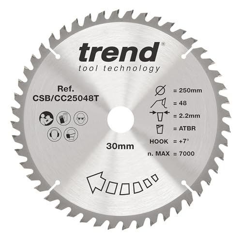 Trend Wood Akku-ATBR-Gehrungssägeblatt, 250 mm Durchmesser, 30 mm Bohrung, 48 Zähne, 2,2 mm Schnittfuge, +7° Haken, TCT, mittlere Oberfläche, CSB/CC25048T von TREND