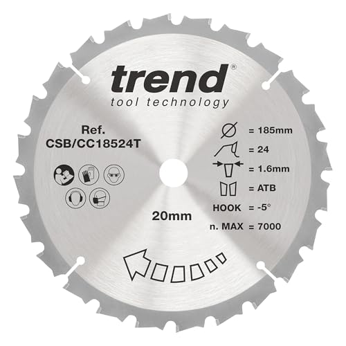 Trend Wood Akku-Gehrungssägeblatt, 185 mm Durchmesser, 20 mm Bohrung, 24 Zähne, 1,6 mm Schnittfuge, -5° Haken, TCT, mittlere Oberfläche, CSB/CC18524T von TREND