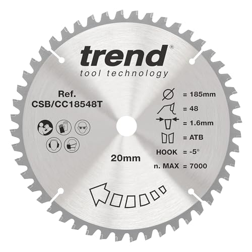 Trend Wood Akku-Gehrungssägeblatt, 185 mm Durchmesser, 20 mm Bohrung, 48 Zähne, 1,6 mm Schnittfuge, -5° Haken, TCT, feine Oberfläche, CSB/CC18548T von TREND