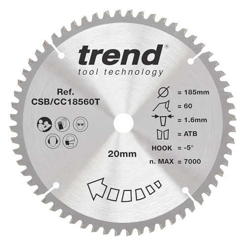 Trend Wood Akku-Gehrungssägeblatt, 185 mm Durchmesser, 20 mm Bohrung, 60 Zähne, 1,6 mm Schnittfuge, -5° Haken, TCT, extrafeine Oberfläche, CSB/CC18560T von TREND