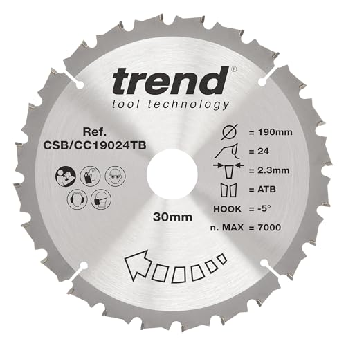 Trend Wood Akku-Gehrungssägeblatt, 190 mm Durchmesser, 20 mm Bohrung, 24 Zähne, 1,9 mm Schnittfuge, -5° Haken, TCT, mittlere Oberfläche, CSB/CC19024T von TREND