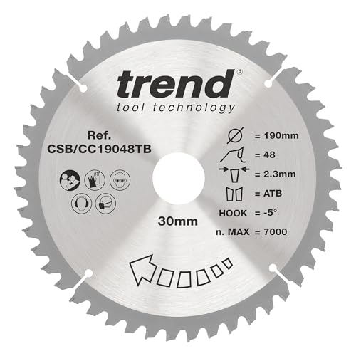 Trend Wood Akku-Gehrungssägeblatt, 190 mm Durchmesser, 30 mm Bohrung, 48 Zähne, 2,3 mm Schnittfuge, -5° Haken, TCT, feine Oberfläche, CSB/CC19048TB von TREND