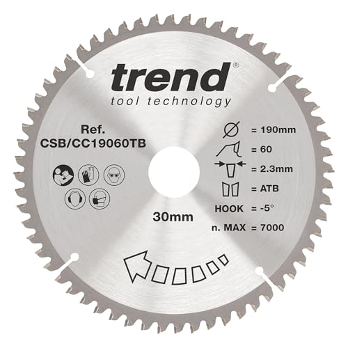 Trend Wood Akku-Gehrungssägeblatt, 190 mm Durchmesser, 30 mm Bohrung, 60 Zähne, 2,3 mm Schnittfuge, -5° Haken, TCT, extrafeine Oberfläche, CSB/CC19060TB von TREND