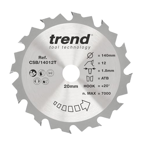 Trend Wood Akku-Kreissägeblatt, 140 mm Durchmesser, 20 mm Bohrung, 12 Zähne, 1,8 mm Schnittfuge, +20° Haken, TCT, grobe Oberfläche, CSB/14012T von TREND