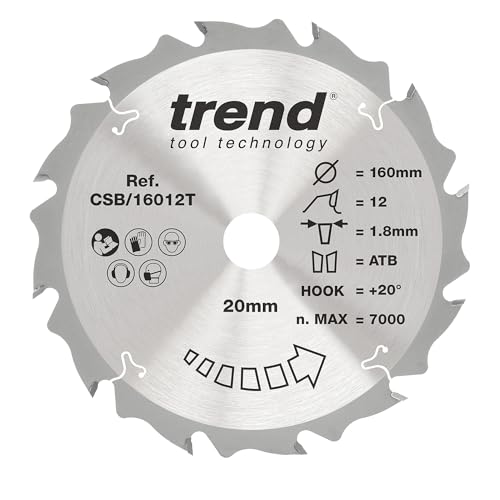 Trend Wood Akku-Kreissägeblatt, 160 mm Durchmesser, 20 mm Bohrung, 12 Zähne, 1,8 mm Schnittfuge, +20° Haken, TCT, grobe Oberfläche, CSB/16012T von TREND