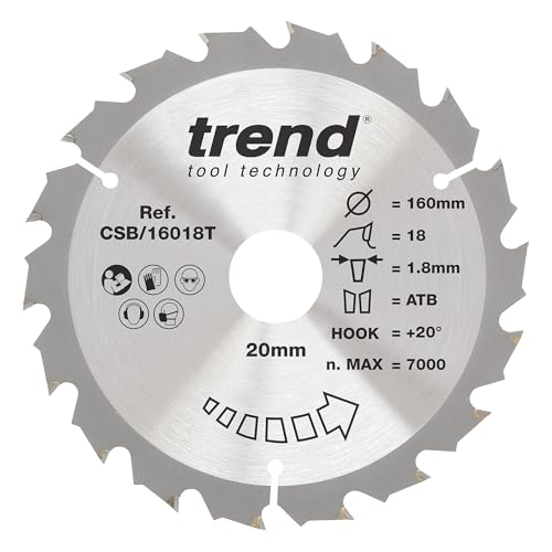 Trend Wood Akku-Kreissägeblatt, 160 mm Durchmesser, 20 mm Bohrung, 18 Zähne, 1,8 mm Schnittfuge, +20° Haken, TCT, grobe Oberfläche, CSB/16018T von TREND