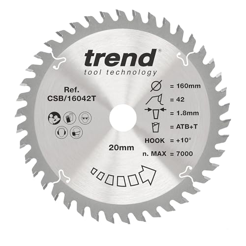 Trend Wood Akku-Kreissägeblatt, 160 mm Durchmesser, 20 mm Bohrung, 42 Zähne, 1,8 mm Schnittfuge, +10° Haken, TCT, feine Oberfläche, CSB/16042T von TREND