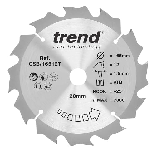 Trend Wood Akku-Kreissägeblatt, 165 mm Durchmesser, 20 mm Bohrung, 12 Zähne, 1,5 mm Schnittfuge, +25° Haken, TCT, grobe Oberfläche, CSB/16512T von TREND