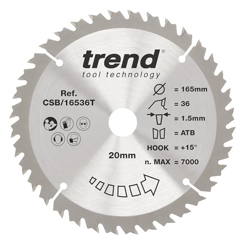 Trend Wood Akku-Kreissägeblatt, 165 mm Durchmesser, 20 mm Bohrung, 36 Zähne, 1,5 mm Schnittfuge, +15° Haken, TCT, mittlere Oberfläche, CSB/16536T von TREND