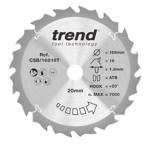 Trend Wood Akku-Kreissägeblatt, 168 mm Durchmesser, 20 mm Bohrung, 16 Zähne, 1,8 mm Schnittfuge, +20° Haken, TCT, grobe Oberfläche, CSB/16816T von TREND